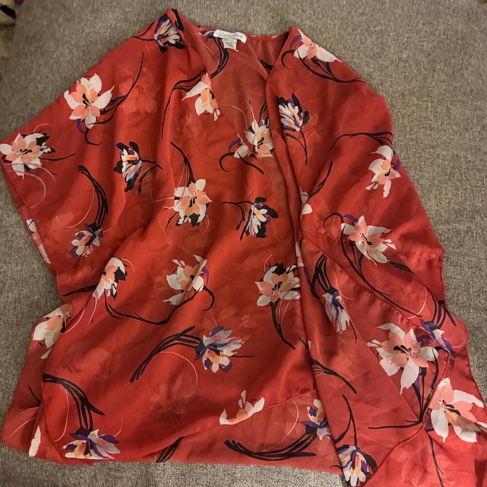 Emory Park Kimono Cardigan Open Front Floral Sheer Lightweight Rust Burnt Orange